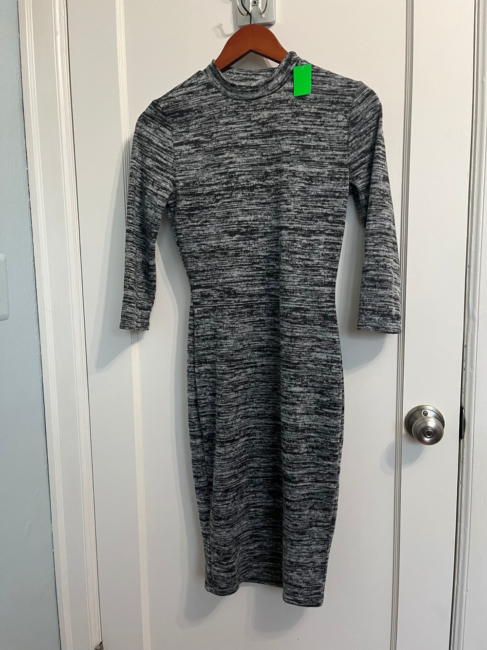 Lulus Mock Neck Bodycon Midi Sweater Dress Heather Grey Black Space Dye M